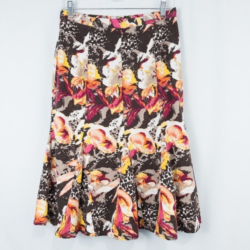 Christopher & Banks Linen Rayon Pleated Trumpet Flare Floral Midi Skirt‎ 10 Boho